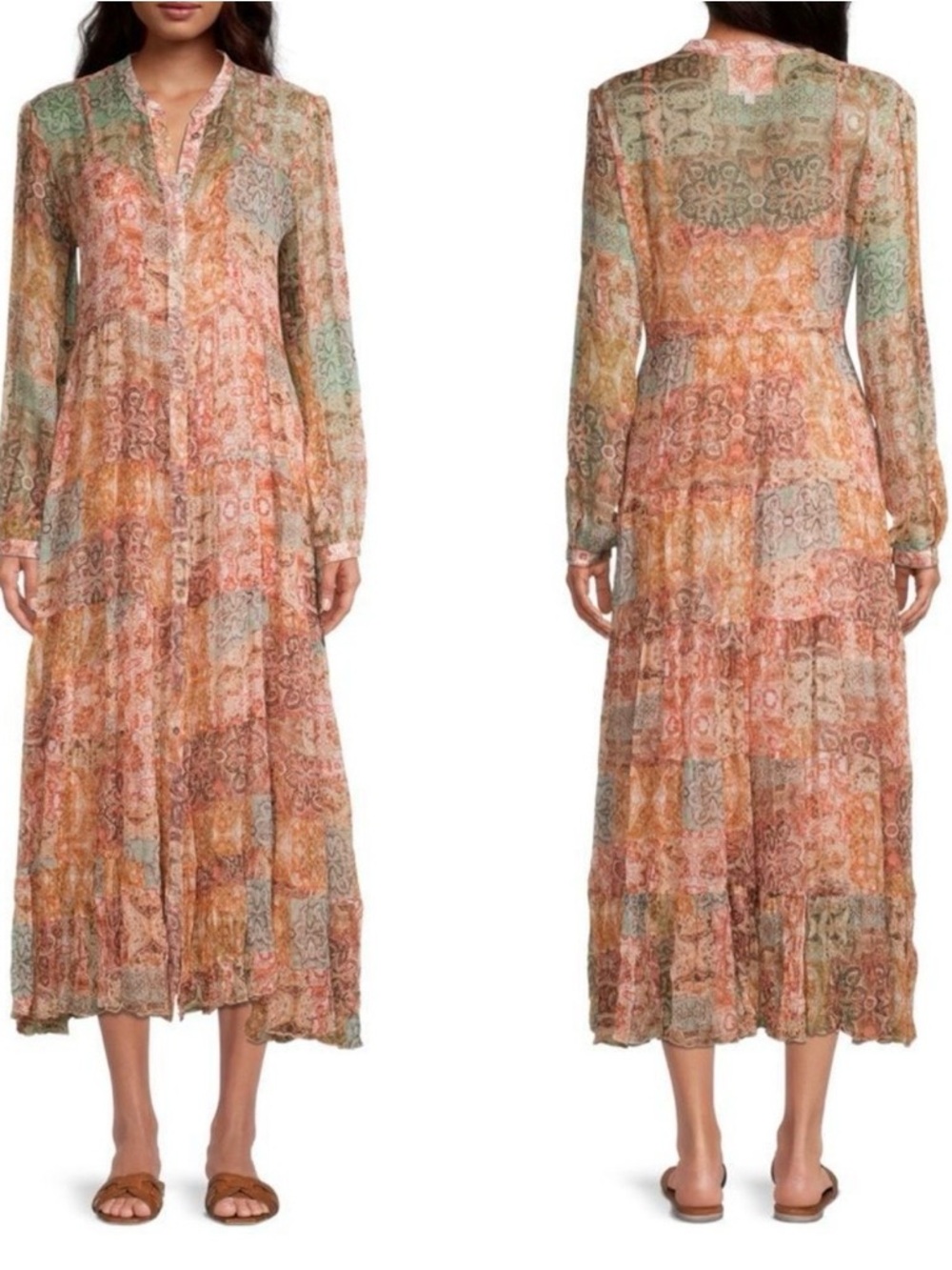 Johnny Was Jade Sabrina Tiered Midi Dress 100% Silk Button Down Sz M